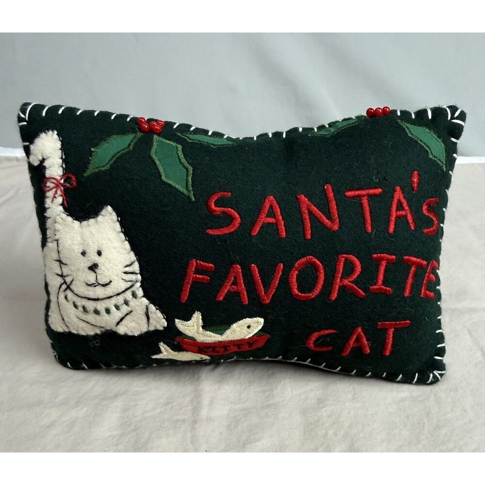 Santa's Favorite Cat Christmas Pillow Embroidered Green Holiday Folk Art Decor